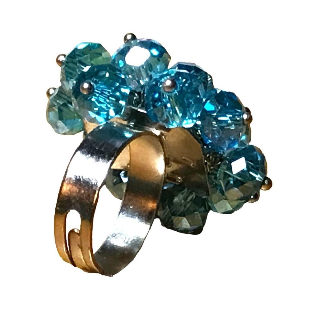 Vintage Aqua Blue Faceted AB Crystal Bead Cluster Cocktail Ring Adjustable - Picture 7 of 10